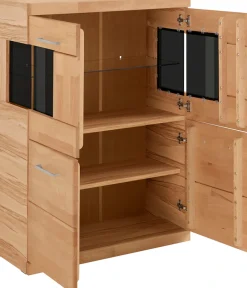 OTTO home Highboard »Ribe,85cm breit,115cm hoch, Fronten Massivholz,4 breite Fächer« Korpus Holzwerkstoff,2Türen mitGlaseinsatz, Böden versetzbar