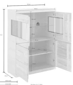 OTTO home Highboard »Ribe,85cm breit,115cm hoch, Fronten Massivholz,4 breite Fächer« Korpus Holzwerkstoff,2Türen mitGlaseinsatz, Böden versetzbar