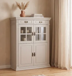 OTTO home Highboard »Vinales, 2 Schubladen, 4 Türen, 3 Einlegeböden, Griffe im Jugendstil« Vitrine, Messinggriffe im Jugendstil