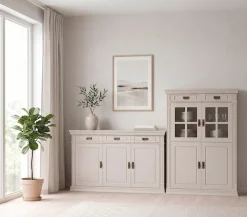 OTTO home Highboard »Vinales, 2 Schubladen, 4 Türen, 3 Einlegeböden, Griffe im Jugendstil« Vitrine, Messinggriffe im Jugendstil