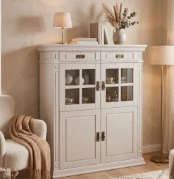 OTTO home Highboard »Vinales, 2 Schubladen, 4 Türen, 3 Einlegeböden, Griffe im Jugendstil« Vitrine, Messinggriffe im Jugendstil