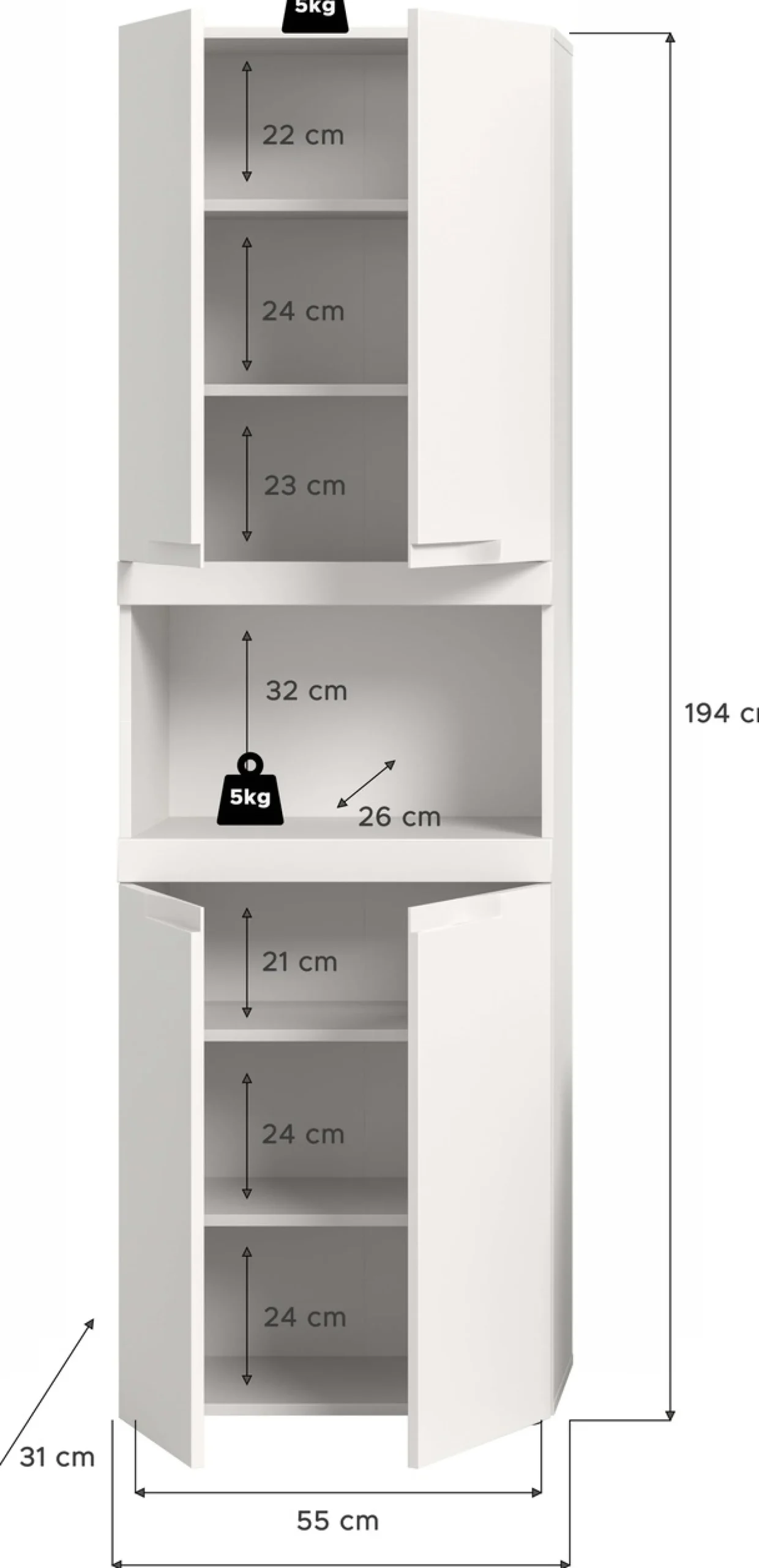 OTTO home Hochschrank »MAOI, Höhe 194 cm, 4 Türen, 1 offenes Fach« Badezimmerschrank, Schrank, Badschrank, Midischrank, Bad, Badezimmer
