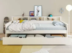 OTTO home Jugendbett »KERO, Daybed, Stauraumbett, platzsparend, Stauraum, 90x200cm« zertifiziertes Massivholz, mit Ablagefächern, Schublade optional