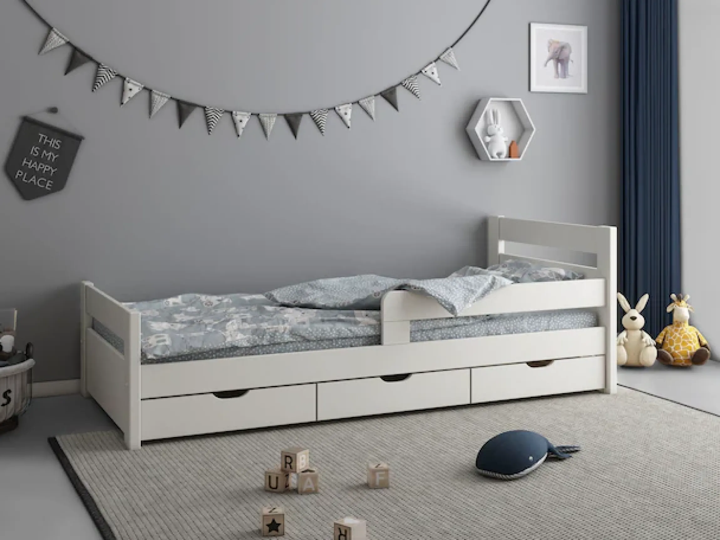 OTTO home Kinderbett »"TIMMO " , inklusive 3 Schubkästen« bodentief, mit Rausfallschutz, zertifiziertes Massivholz