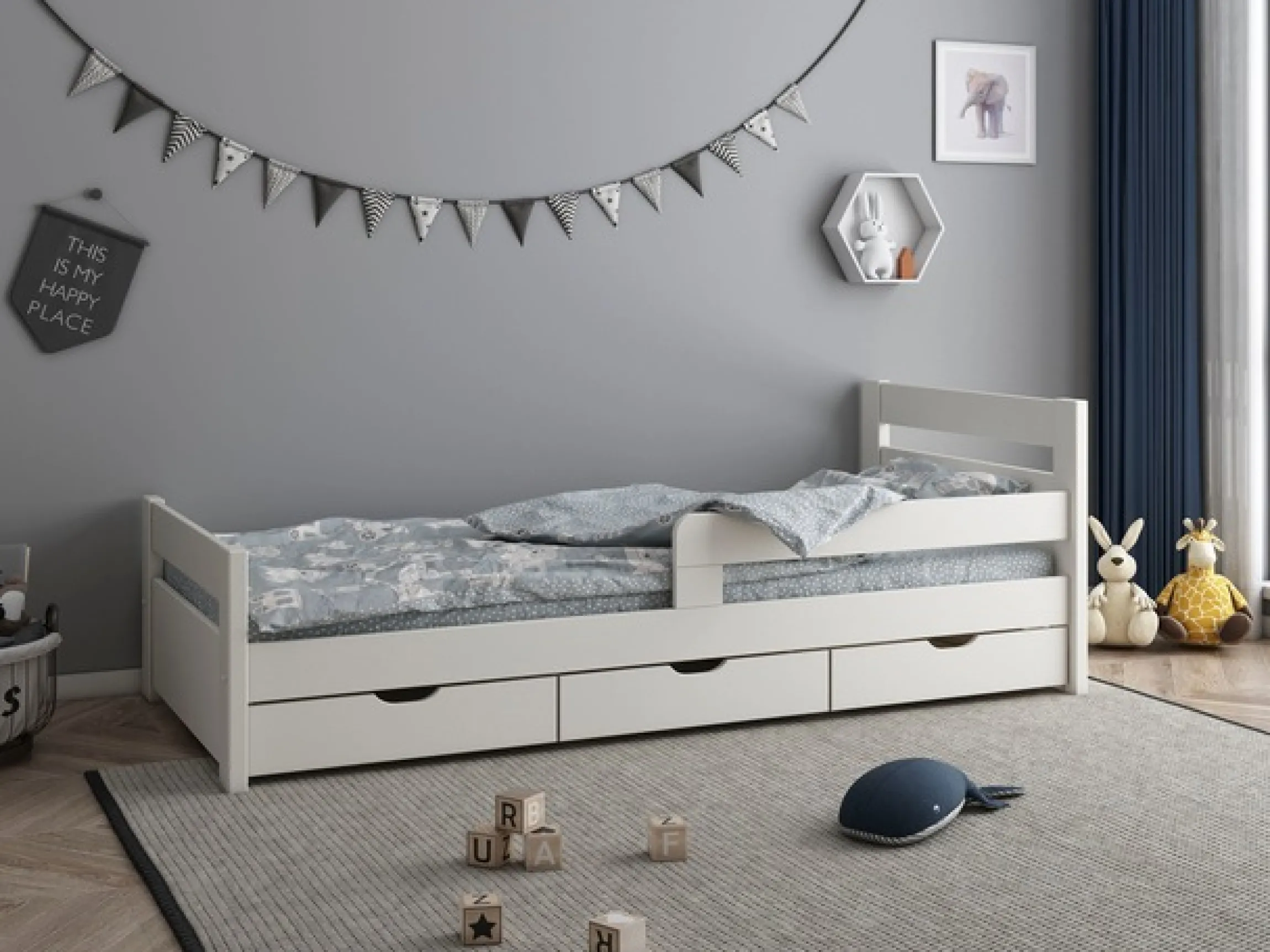 OTTO home Kinderbett »"TIMMO " , inklusive 3 Schubkästen« bodentief, mit Rausfallschutz, zertifiziertes Massivholz