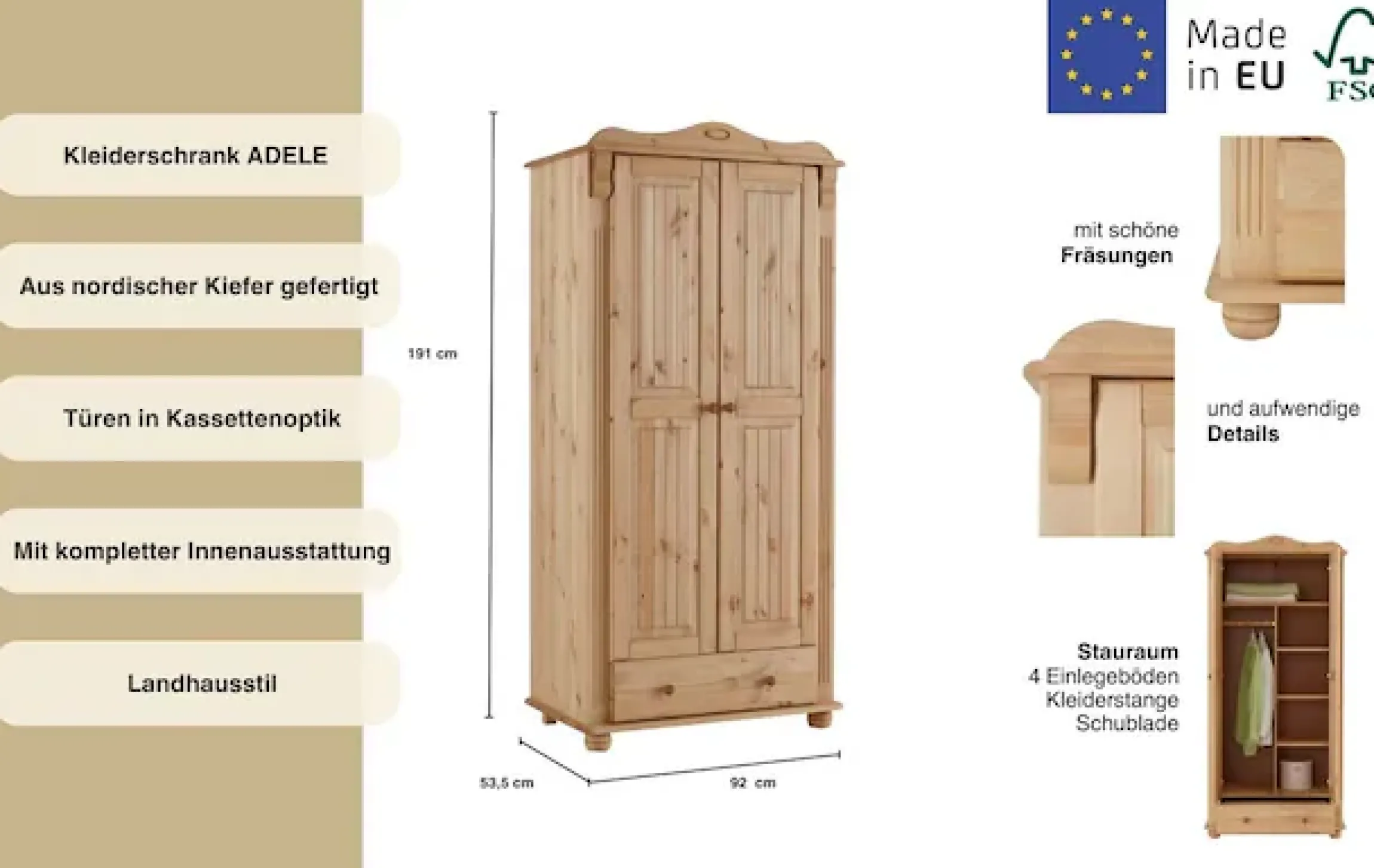 OTTO home Kleiderschrank »Adele« aus massiver Kiefer, Landhausstil