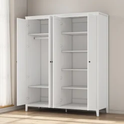 OTTO home Kleiderschrank »Borkum Sideboard Anrichte mit 6 Schubladen Landhaus weiß« schwarze Griffe aus Metall,Schlafzimmerschrank mit 6 Böden und Kleiderstange, 4 Türen