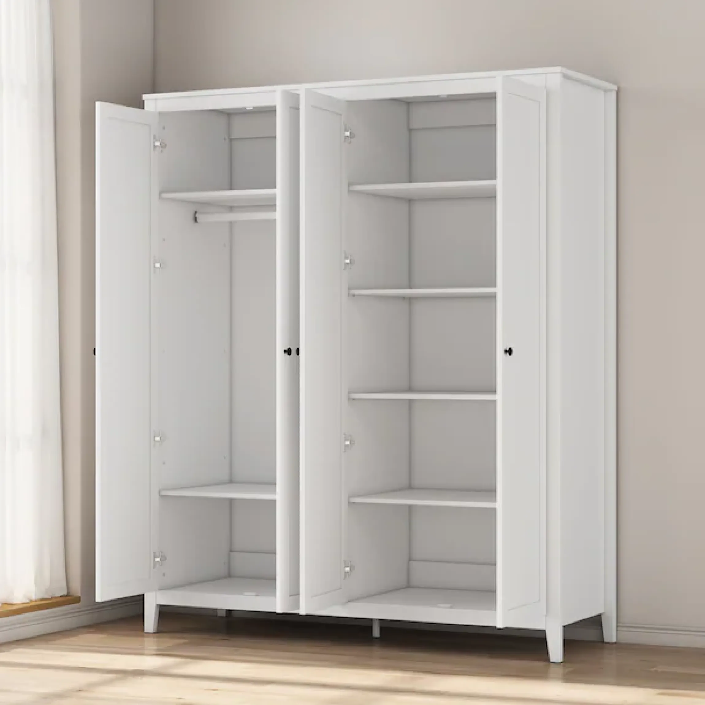OTTO home Kleiderschrank »Borkum Sideboard Anrichte mit 6 Schubladen Landhaus weiß« schwarze Griffe aus Metall,Schlafzimmerschrank mit 6 Böden und Kleiderstange, 4 Türen