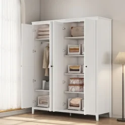 OTTO home Kleiderschrank »Borkum Sideboard Anrichte mit 6 Schubladen Landhaus weiß« schwarze Griffe aus Metall,Schlafzimmerschrank mit 6 Böden und Kleiderstange, 4 Türen