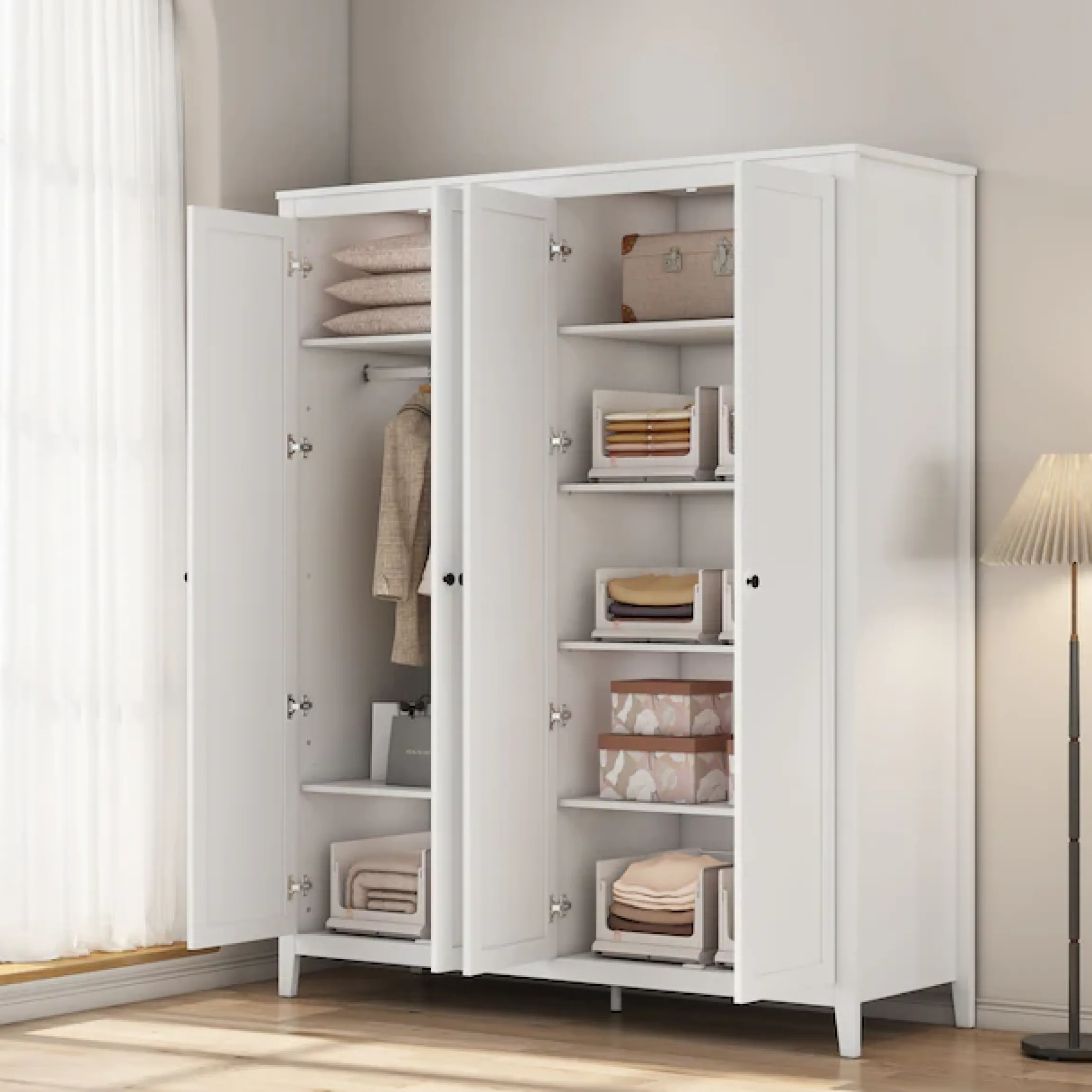 OTTO home Kleiderschrank »Borkum Sideboard Anrichte mit 6 Schubladen Landhaus weiß« schwarze Griffe aus Metall,Schlafzimmerschrank mit 6 Böden und Kleiderstange, 4 Türen