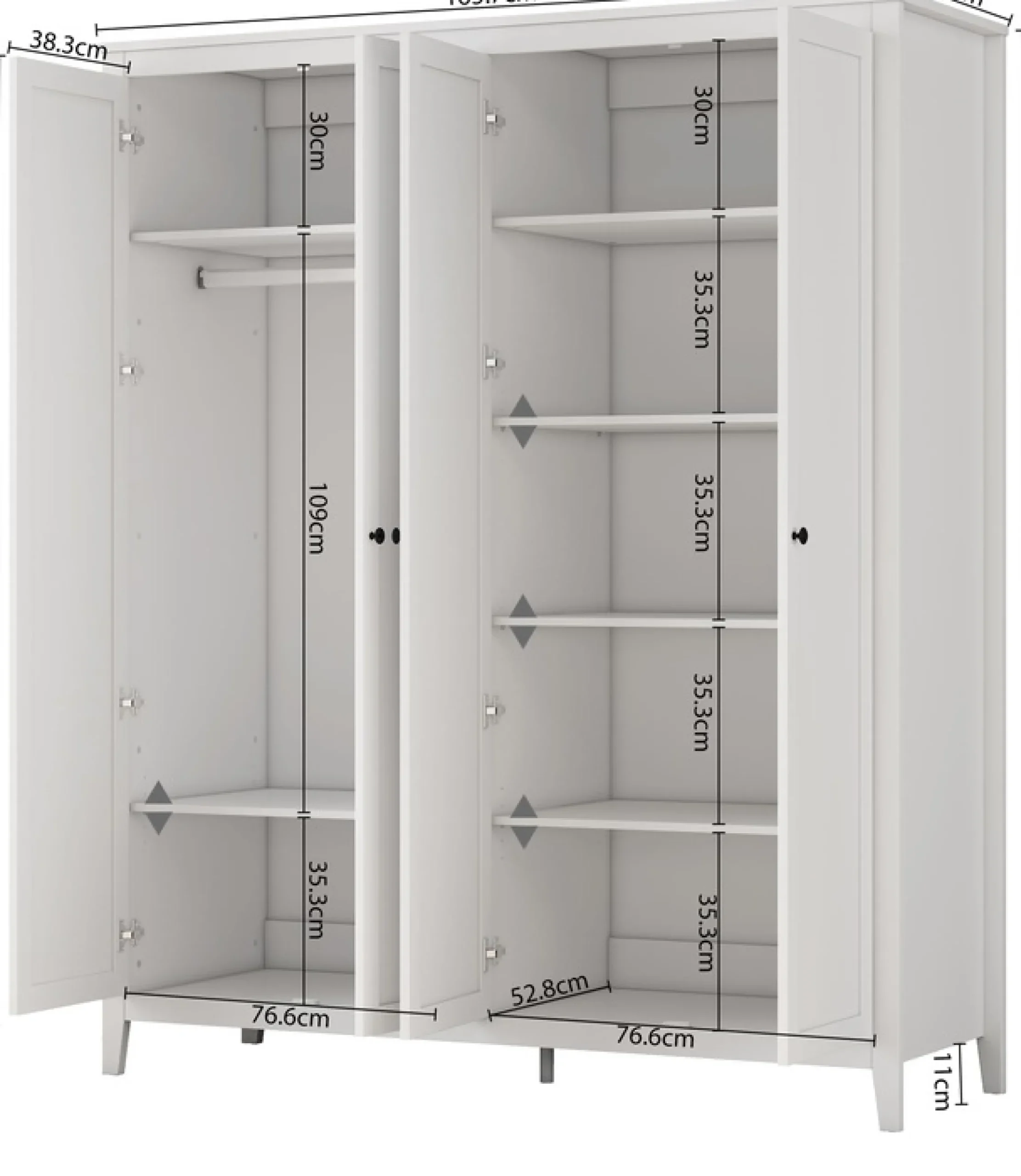 OTTO home Kleiderschrank »Borkum Sideboard Anrichte mit 6 Schubladen Landhaus weiß« schwarze Griffe aus Metall,Schlafzimmerschrank mit 6 Böden und Kleiderstange, 4 Türen