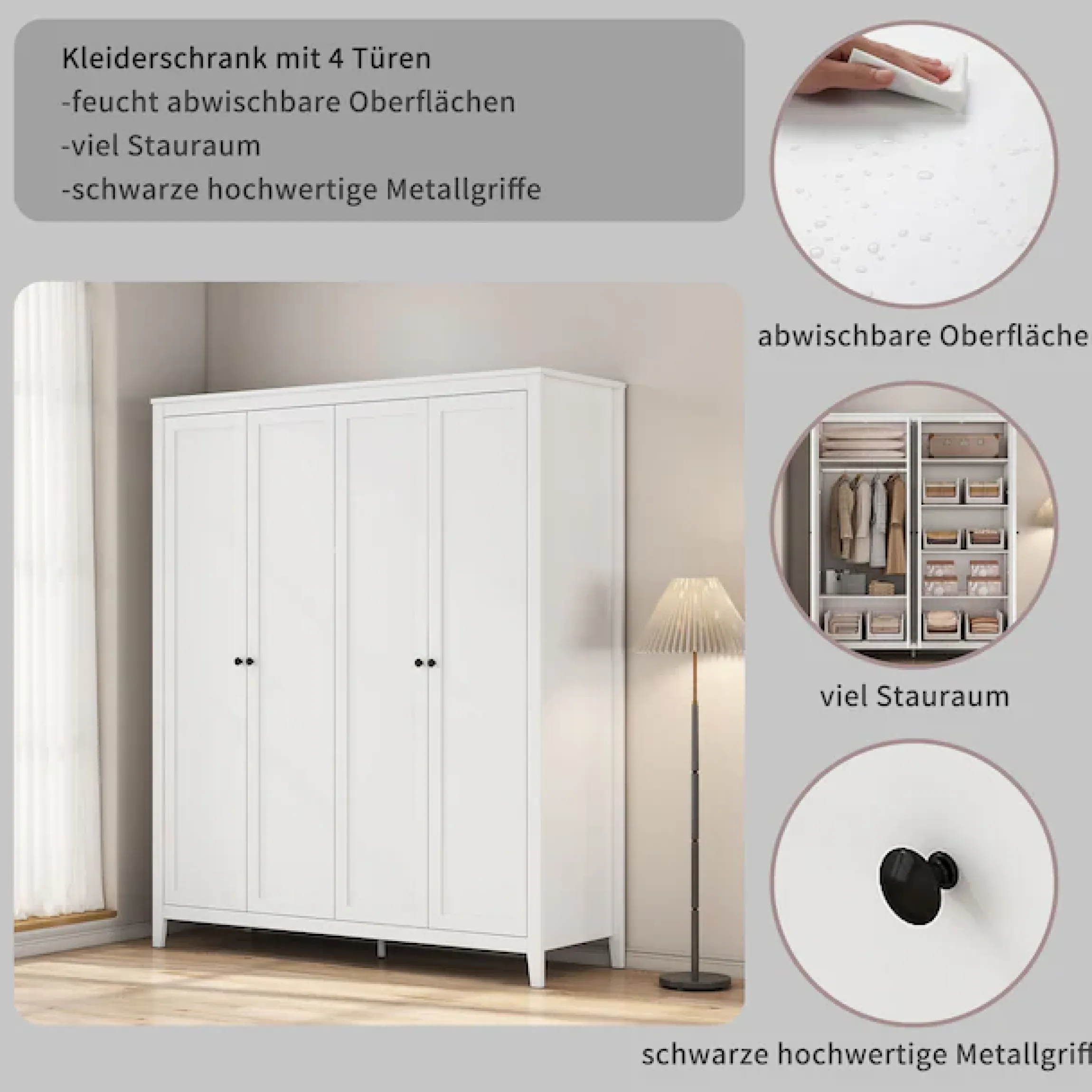 OTTO home Kleiderschrank »Borkum Sideboard Anrichte mit 6 Schubladen Landhaus weiß« schwarze Griffe aus Metall,Schlafzimmerschrank mit 6 Böden und Kleiderstange, 4 Türen