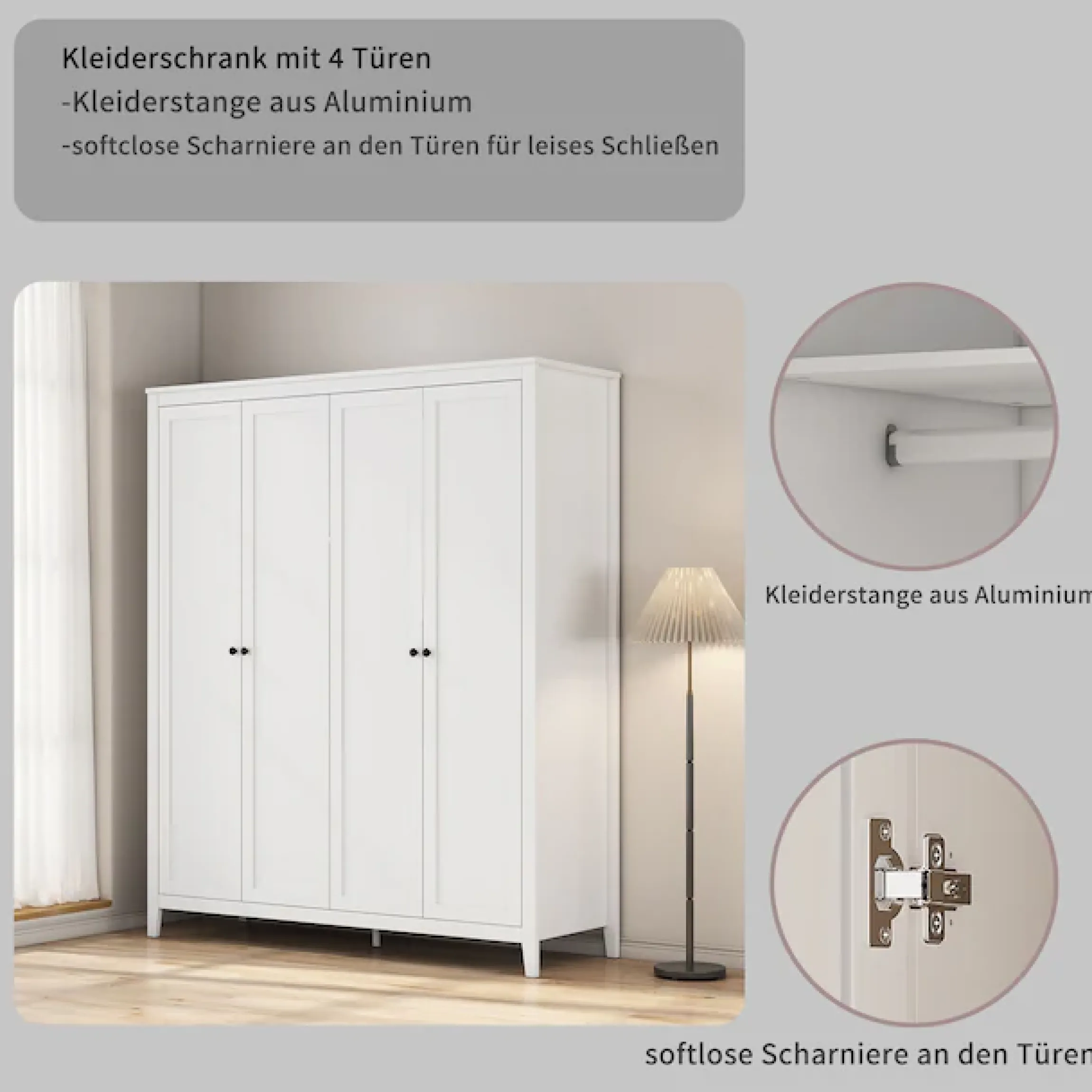 OTTO home Kleiderschrank »Borkum Sideboard Anrichte mit 6 Schubladen Landhaus weiß« schwarze Griffe aus Metall,Schlafzimmerschrank mit 6 Böden und Kleiderstange, 4 Türen