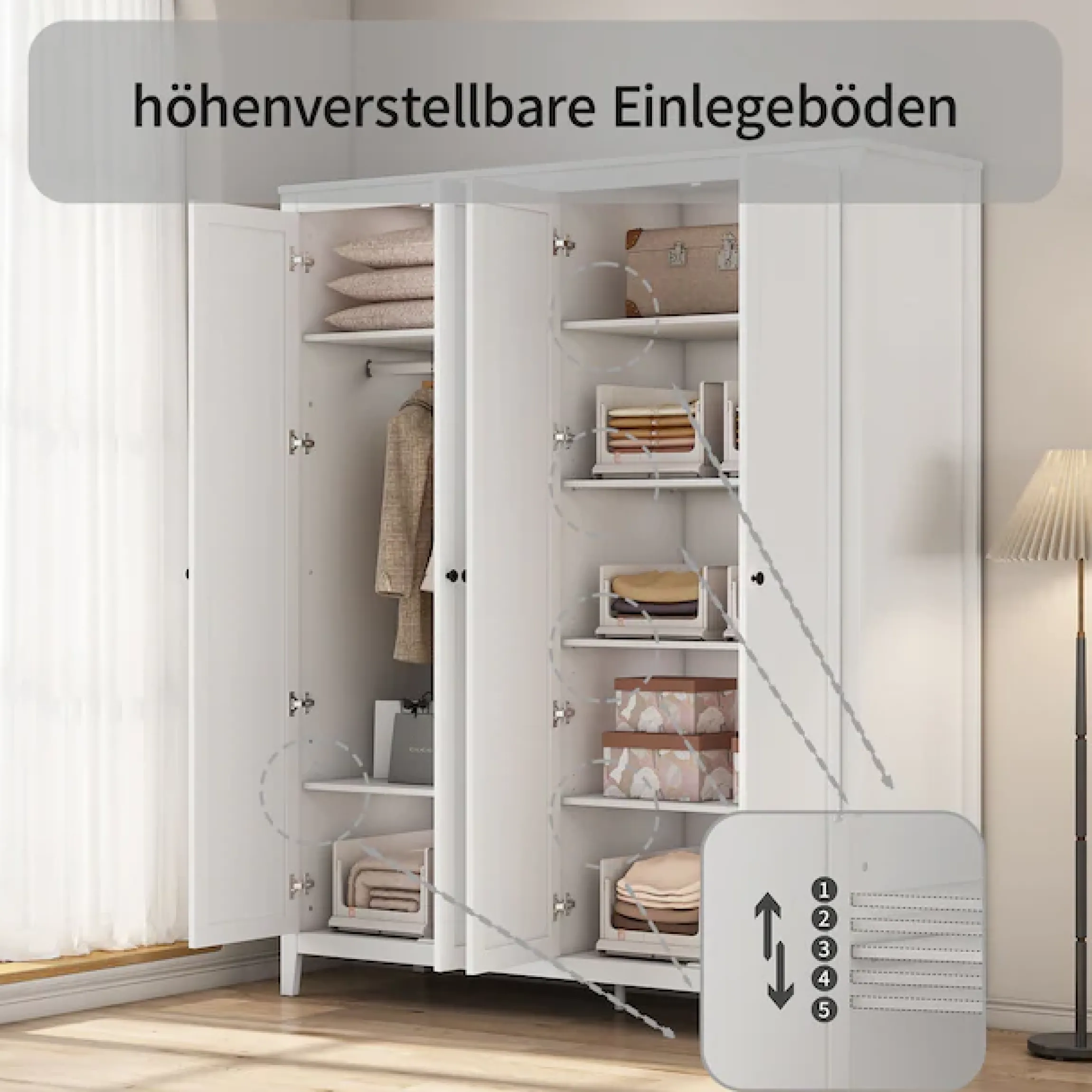 OTTO home Kleiderschrank »Borkum Sideboard Anrichte mit 6 Schubladen Landhaus weiß« schwarze Griffe aus Metall,Schlafzimmerschrank mit 6 Böden und Kleiderstange, 4 Türen