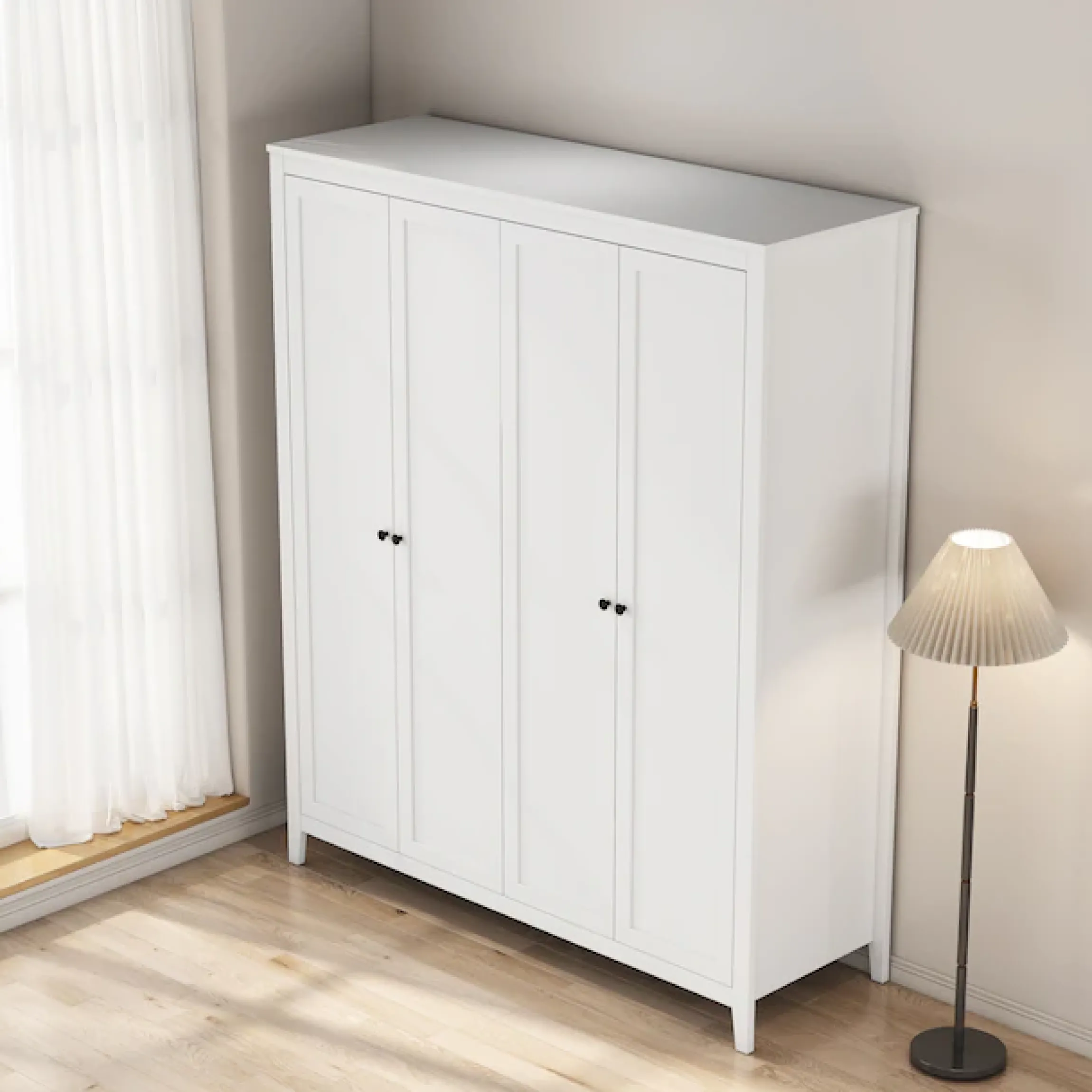 OTTO home Kleiderschrank »Borkum Sideboard Anrichte mit 6 Schubladen Landhaus weiß« schwarze Griffe aus Metall,Schlafzimmerschrank mit 6 Böden und Kleiderstange, 4 Türen