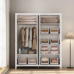 OTTO home Kleiderschrank »Borkum Sideboard Anrichte mit 6 Schubladen Landhaus weiß« schwarze Griffe aus Metall,Schlafzimmerschrank mit 6 Böden und Kleiderstange, 4 Türen