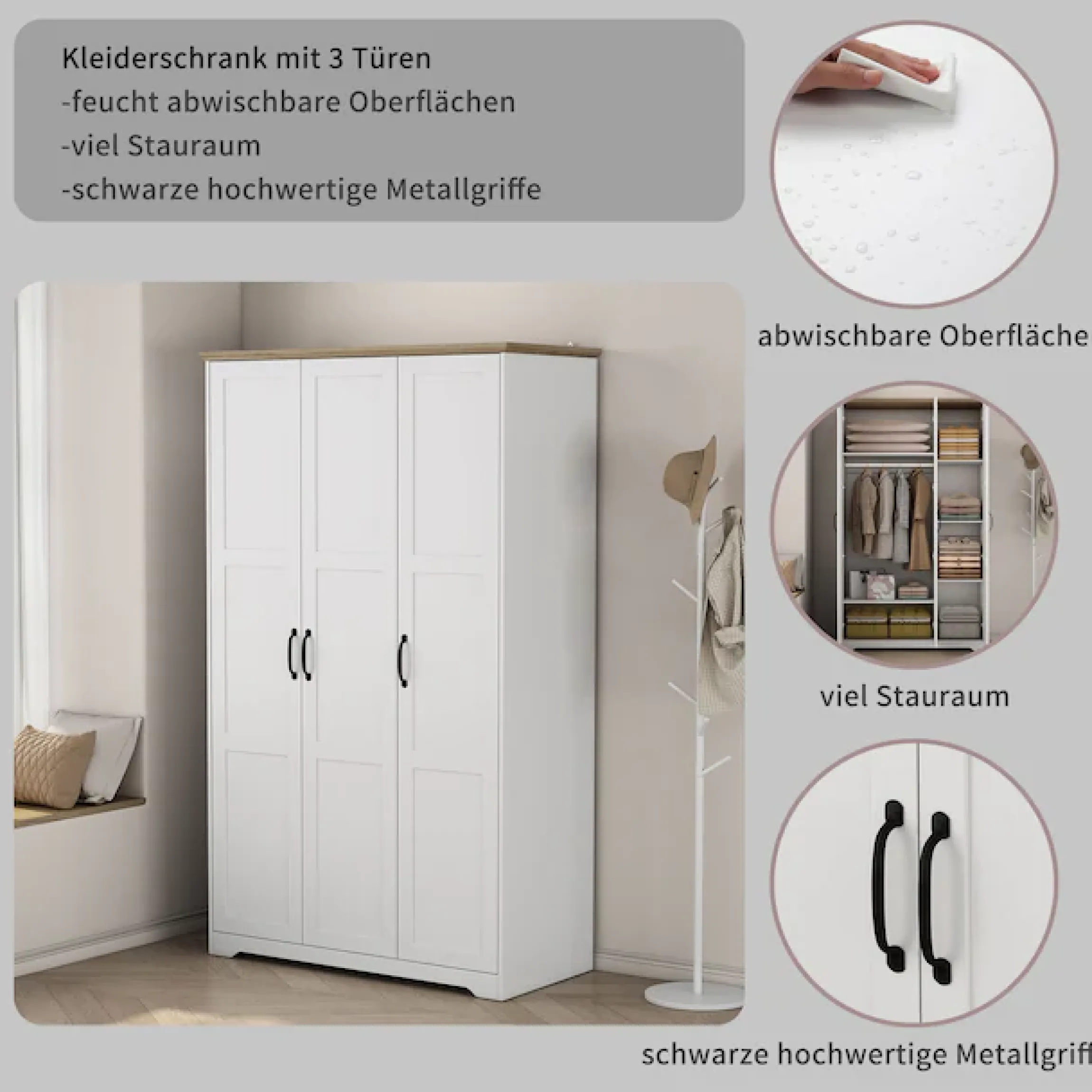 OTTO home Kleiderschrank »Emmilia Schrank Schlafzimmerschrank im Landhaus Design« Mit vielen Einlegeböden und Softclose,Landhaus Schrank mit3 Türen Breite 120,4 cm, Höhe 2m