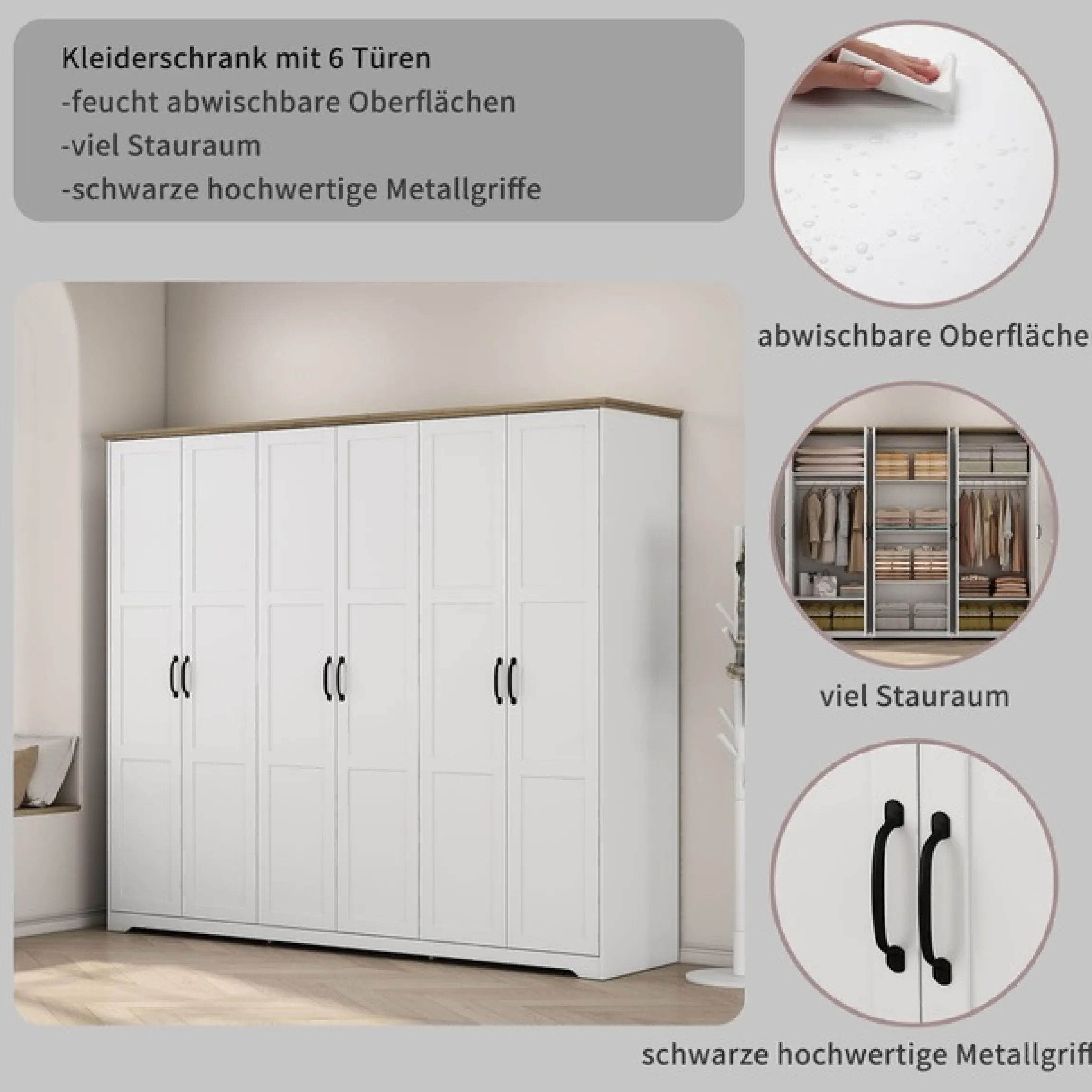 OTTO home Kleiderschrank »Emmilia Schrank Schlafzimmerschrank im Landhaus Design« Mit vielen Einlegeböden und Softclose,Landhaus Schrank mit6 Türen Breite 226,5cm Höhe 2m