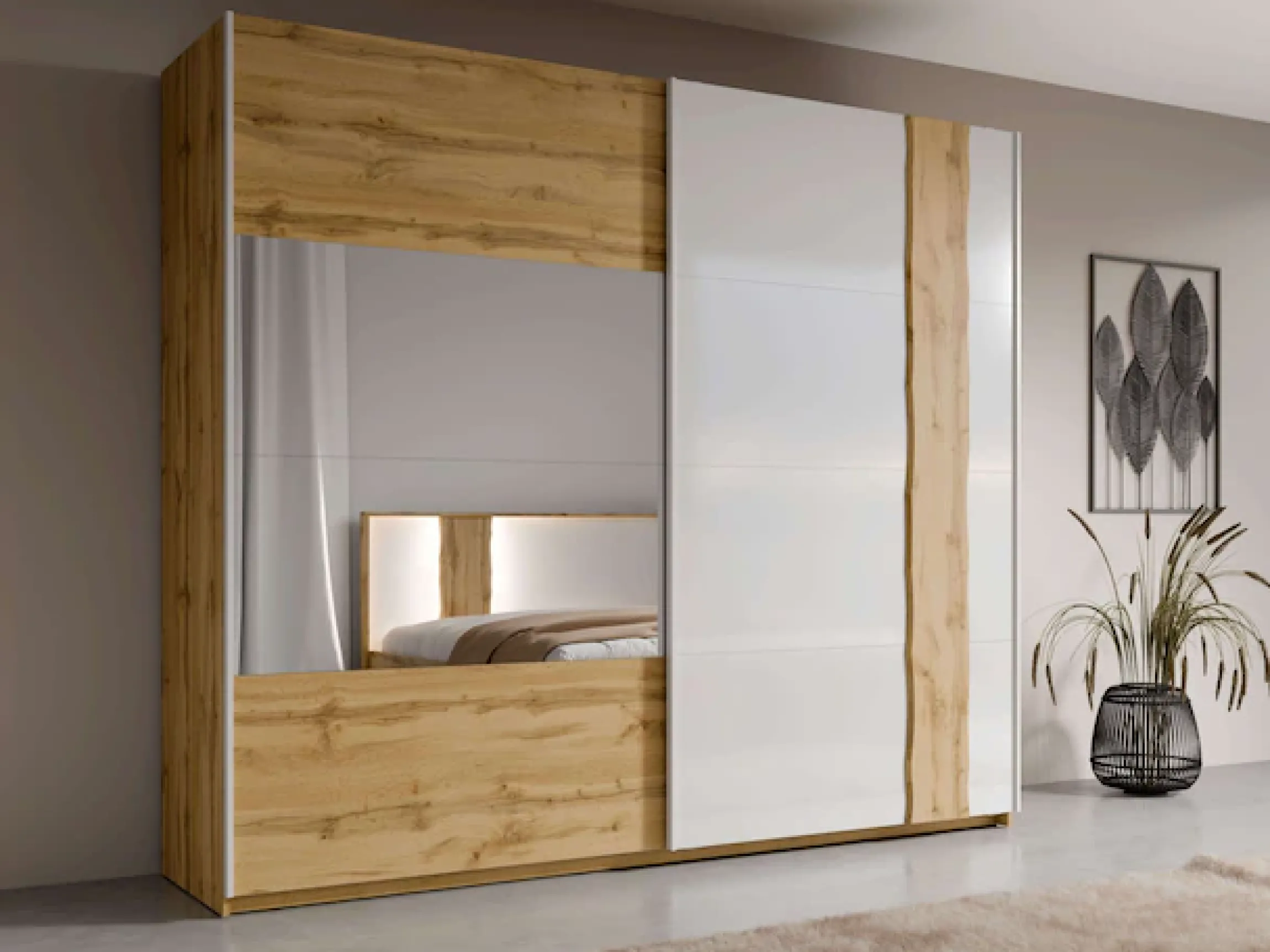 OTTO home Kleiderschrank »Fabellaa mit Spiegel, 8 Einlegeböden und 2 Kleiderstange« Garderobe mit 2 Schwebetüren und Spiegel, BxHxT 200x218x66,5 cm