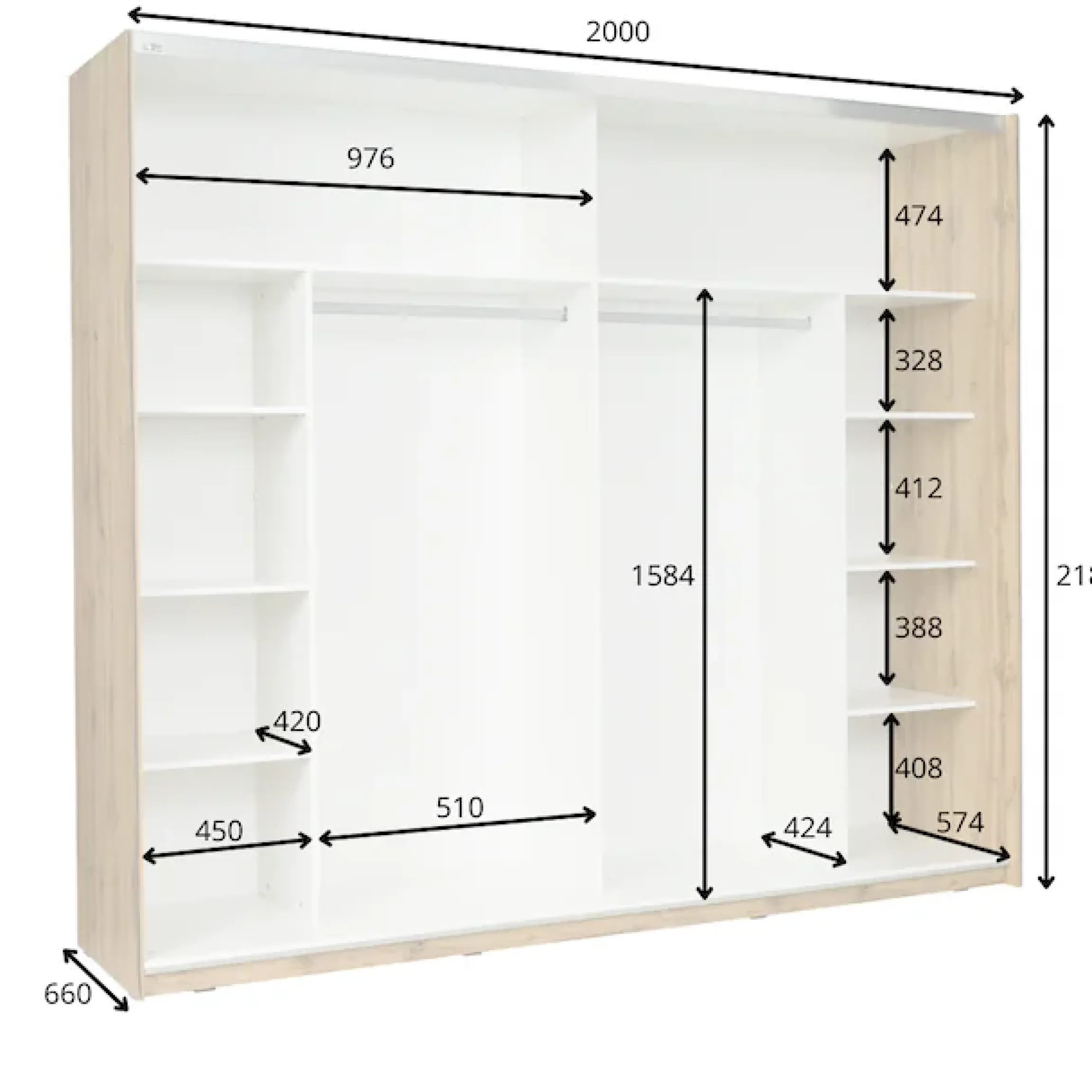 OTTO home Kleiderschrank »Fabellaa mit Spiegel, 8 Einlegeböden und 2 Kleiderstange« Garderobe mit 2 Schwebetüren und Spiegel, BxHxT 200x218x66,5 cm