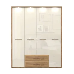 OTTO home Kleiderschrank »Gala, beige hochglänzend UV lackiert, kratzfest, FSC-zertifiziert« abgerundete Schubladen aus MDF im Holzdekor, soft-close,mit Beleuchtung und Passpartourahmen, hoher Schrank (224cm), 4 Breiten