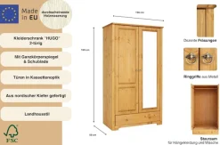 OTTO home Kleiderschrank »Hugo« 3 Breiten: 106/200/245 cm H/T ca. 190/58 cm,aus massiver Kiefer im Landhausstil, mit Spiegel