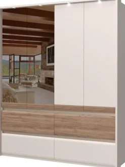 OTTO home Kleiderschrank »Invictus, UV lackiert, FSC-zertifiziert, grifflose Optik« abgerundete Schubladen aus MDF im Holzdekor, soft-close,mit Beleuchtung und Spiegel, in 4 Breiten, hoher Schrank (226cm)