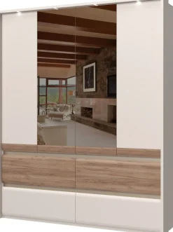 OTTO home Kleiderschrank »Invictus, UV lackiert, FSC-zertifiziert, grifflose Optik« abgerundete Schubladen aus MDF im Holzdekor, soft-close,mit Beleuchtung und Spiegel, in 4 Breiten, hoher Schrank (226cm)