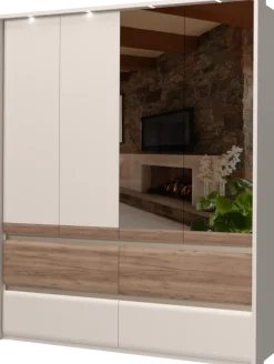 OTTO home Kleiderschrank »Invictus, UV lackiert, FSC-zertifiziert, grifflose Optik« abgerundete Schubladen aus MDF im Holzdekor, soft-close,mit Beleuchtung und Spiegel, in 4 Breiten, hoher Schrank (226cm)