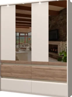 OTTO home Kleiderschrank »Invictus, UV lackiert, FSC-zertifiziert, grifflose Optik« abgerundete Schubladen aus MDF im Holzdekor, soft-close,mit Beleuchtung und Spiegel, in 4 Breiten, hoher Schrank (226cm)