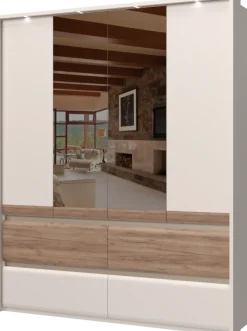 OTTO home Kleiderschrank »Invictus, UV lackiert, FSC-zertifiziert, grifflose Optik« abgerundete Schubladen aus MDF im Holzdekor, soft-close,mit Beleuchtung und Spiegel, in 4 Breiten, hoher Schrank (226cm)