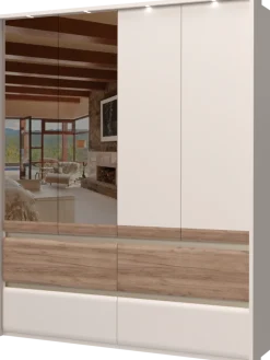 OTTO home Kleiderschrank »Invictus, UV lackiert, FSC-zertifiziert, grifflose Optik« abgerundete Schubladen aus MDF im Holzdekor, soft-close,mit Beleuchtung und Spiegel, in 4 Breiten, hoher Schrank (226cm)