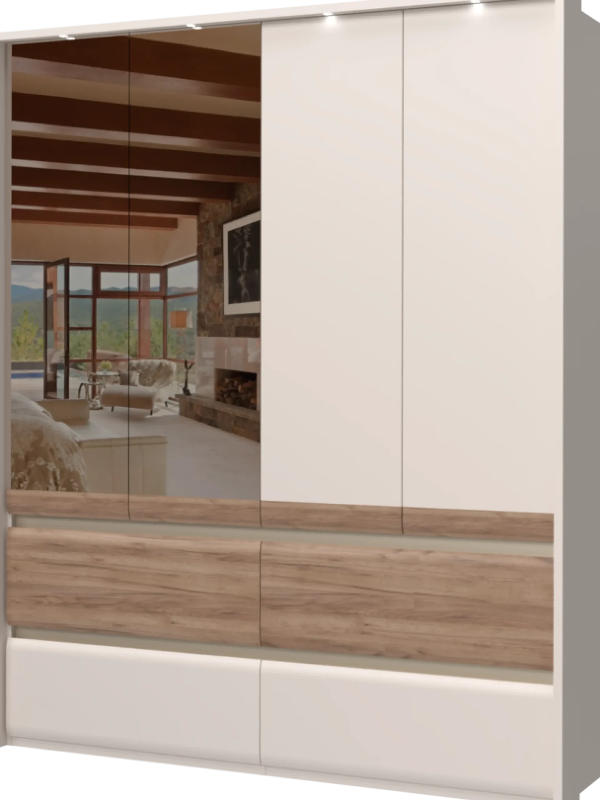 OTTO home Kleiderschrank »Invictus, UV lackiert, FSC-zertifiziert, grifflose Optik« abgerundete Schubladen aus MDF im Holzdekor, soft-close,mit Beleuchtung und Spiegel, in 4 Breiten, hoher Schrank (226cm)