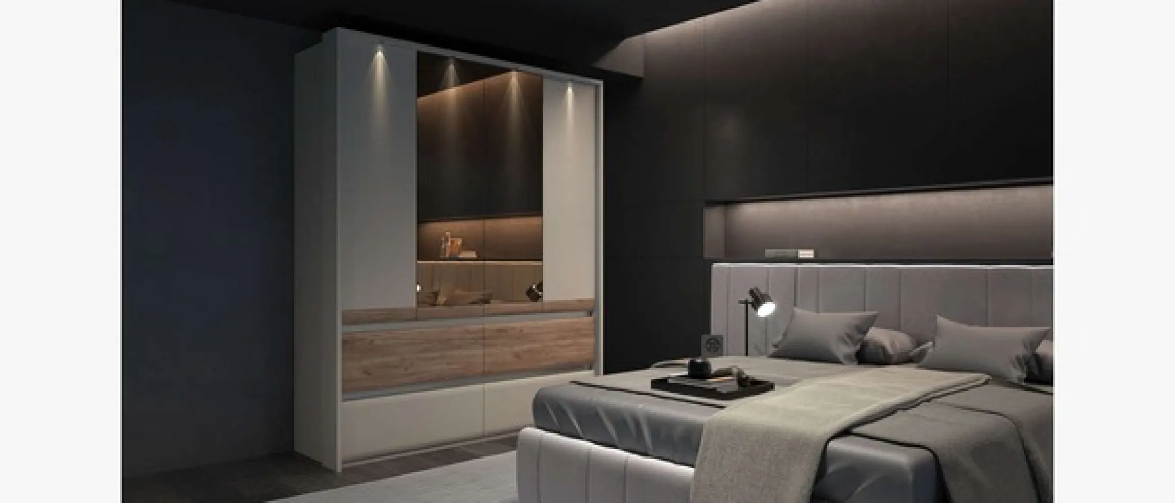 OTTO home Kleiderschrank »Invictus, UV lackiert, FSC-zertifiziert, grifflose Optik« abgerundete Schubladen aus MDF im Holzdekor, soft-close,mit Beleuchtung und Spiegel, in 4 Breiten, hoher Schrank (226cm)