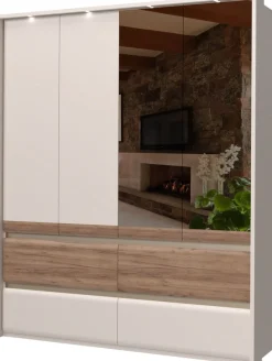 OTTO home Kleiderschrank »Invictus, UV lackiert, FSC-zertifiziert, grifflose Optik« abgerundete Schubladen aus MDF im Holzdekor, soft-close,mit Beleuchtung und Spiegel, in 4 Breiten, hoher Schrank (226cm)