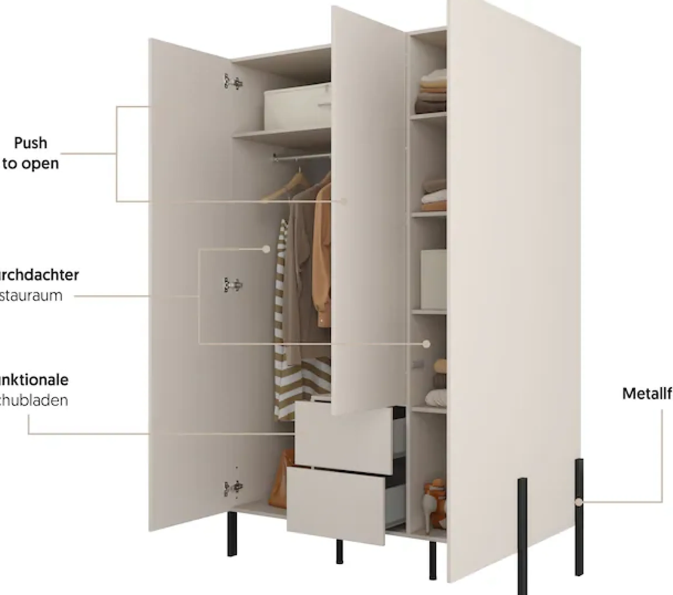 OTTO home Kleiderschrank »Jukon, moderner Kleiderschrank mit Metallfüßen« B/H/T 3-Türer: ca. 135/210/60 4-Türer ca: 180/210/60,push to open Funktion, passend zur JUKON Serie, viel Stauraum