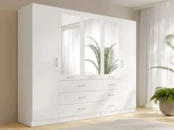 OTTO home Kleiderschrank »KOS Garderobe mit 6 Schubladen, Kleiderstange, 5 Einlegeböden, Spiegel« Wäscheschrank mit 5 Drehtüren, silber Griffen, Maße B/H/T 250/200/58cm