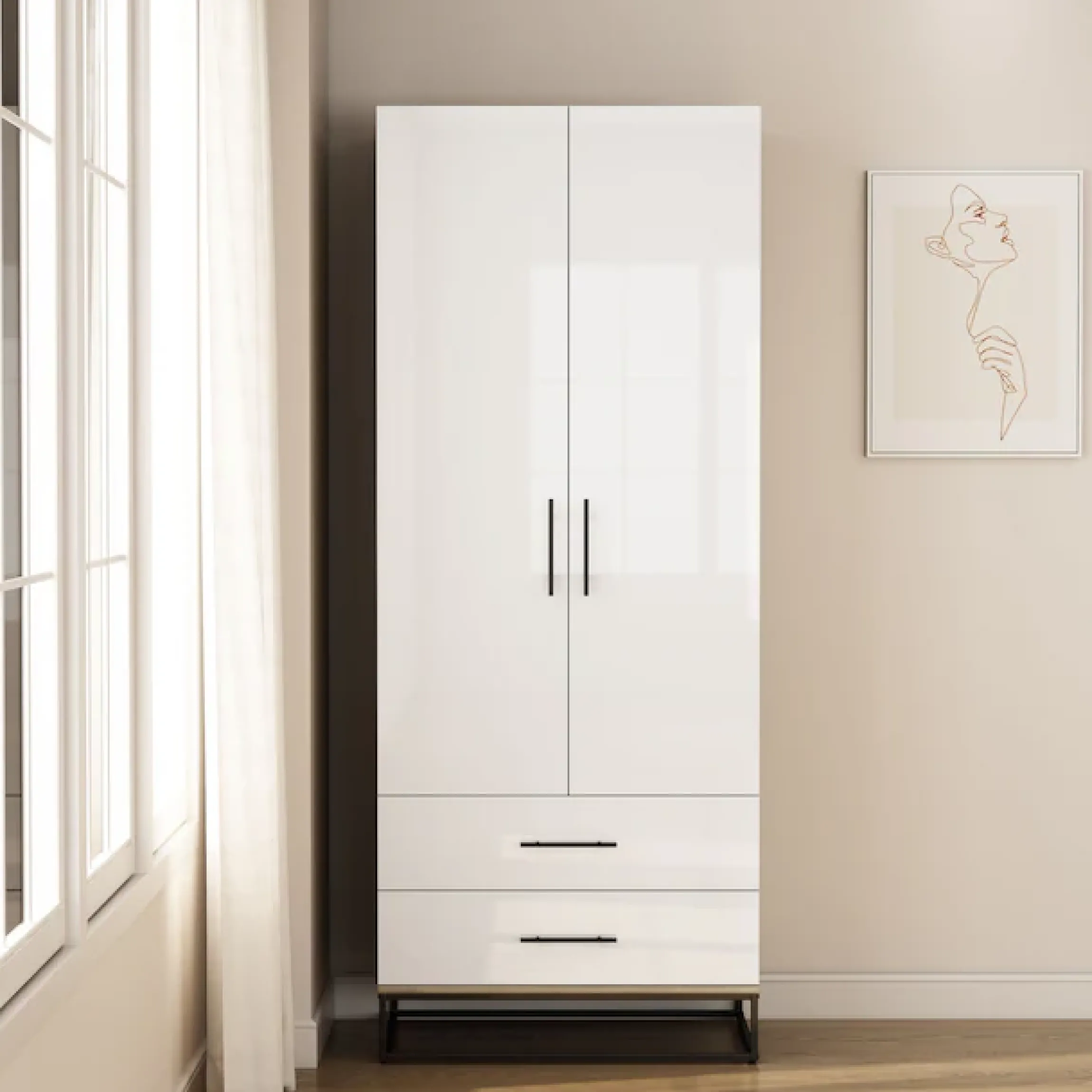 OTTO home Kleiderschrank »Luca Kommode Schrank Schlafzimmer« Hochwertige schwarze Griffe und Kufengestell,Schlafzimmerschrank mit 2 Türen und 2 Schubladen, Breite 80cm