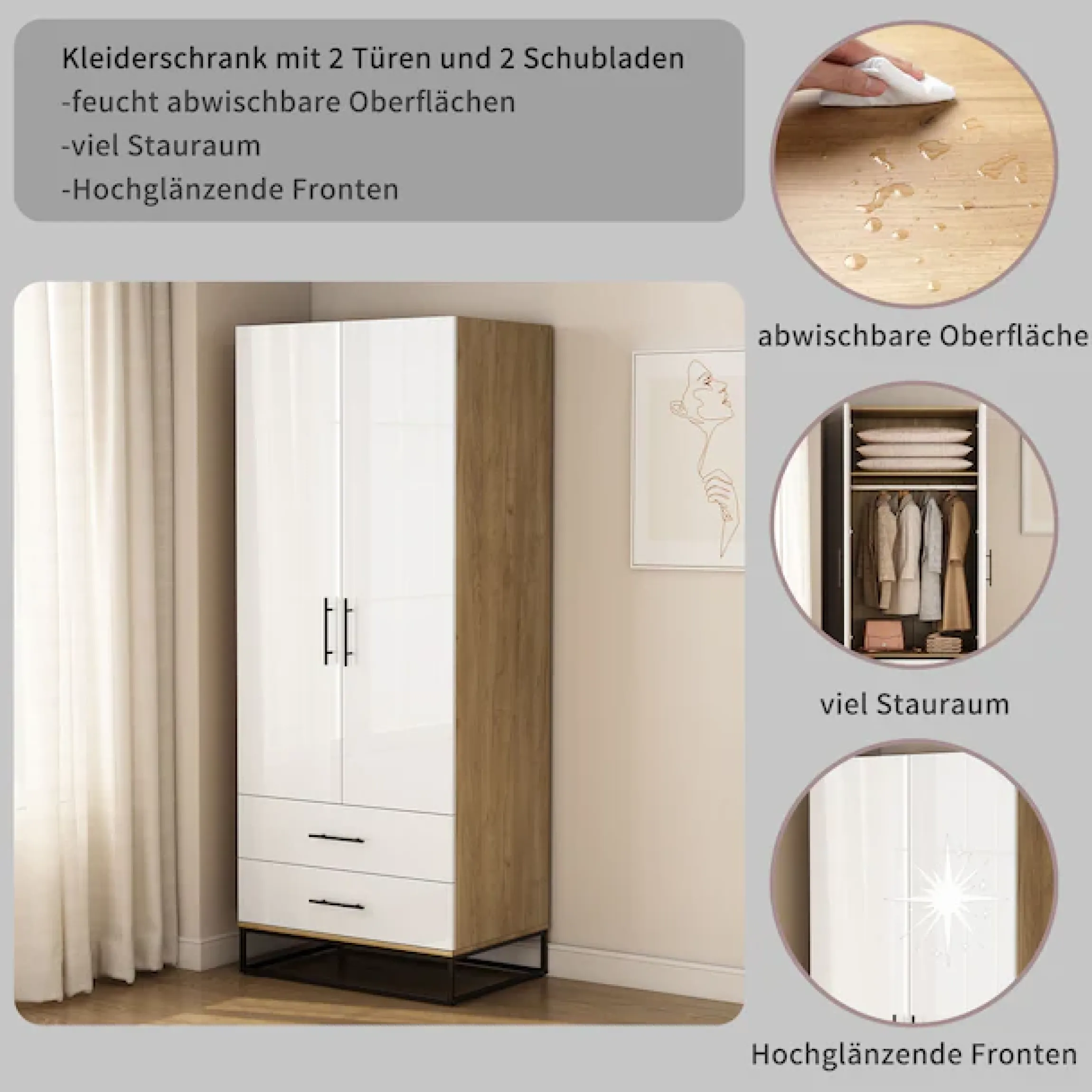 OTTO home Kleiderschrank »Luca Kommode Schrank Schlafzimmer« Hochwertige schwarze Griffe und Kufengestell,Schlafzimmerschrank mit 2 Türen und 2 Schubladen, Breite 80cm