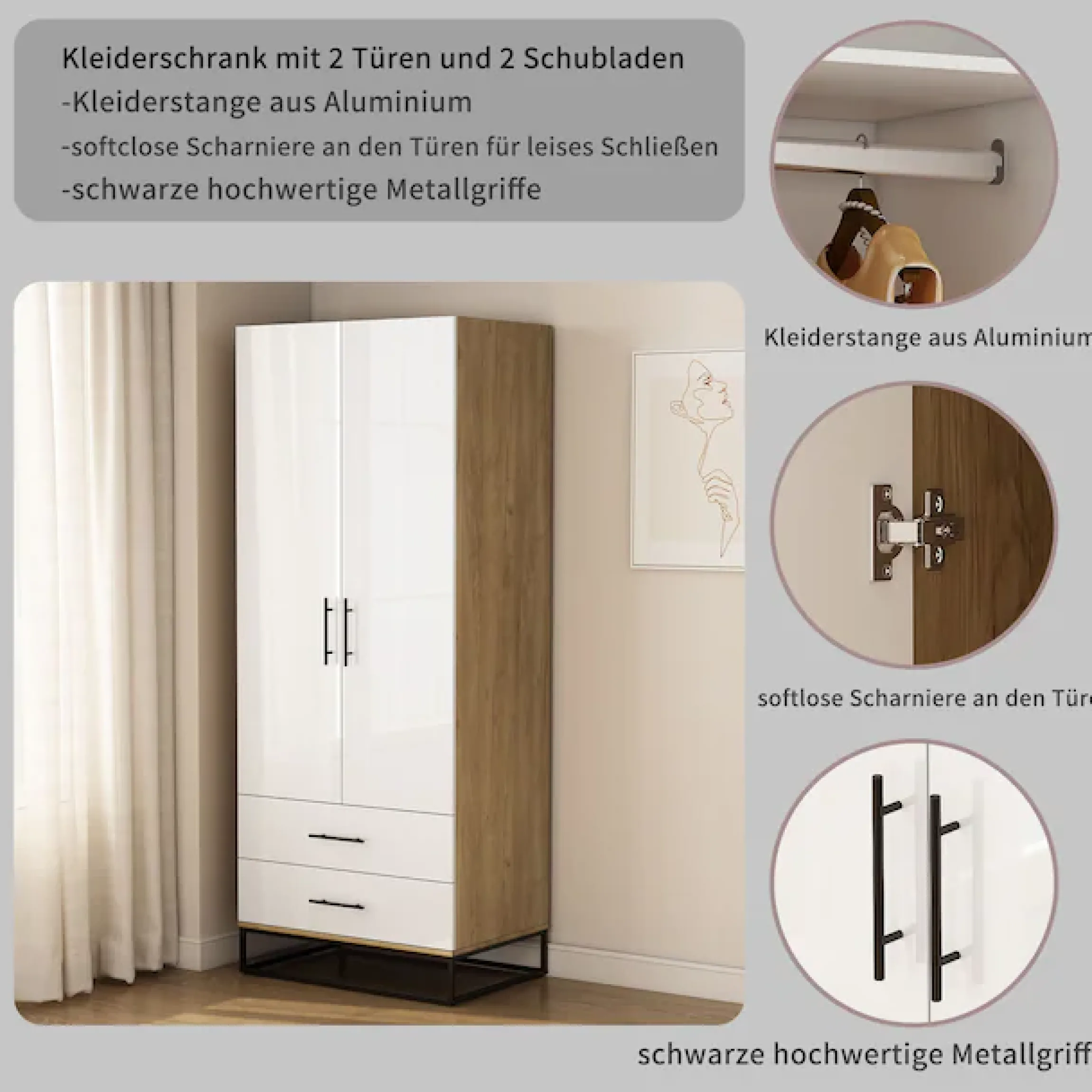 OTTO home Kleiderschrank »Luca Kommode Schrank Schlafzimmer« Hochwertige schwarze Griffe und Kufengestell,Schlafzimmerschrank mit 2 Türen und 2 Schubladen, Breite 80cm