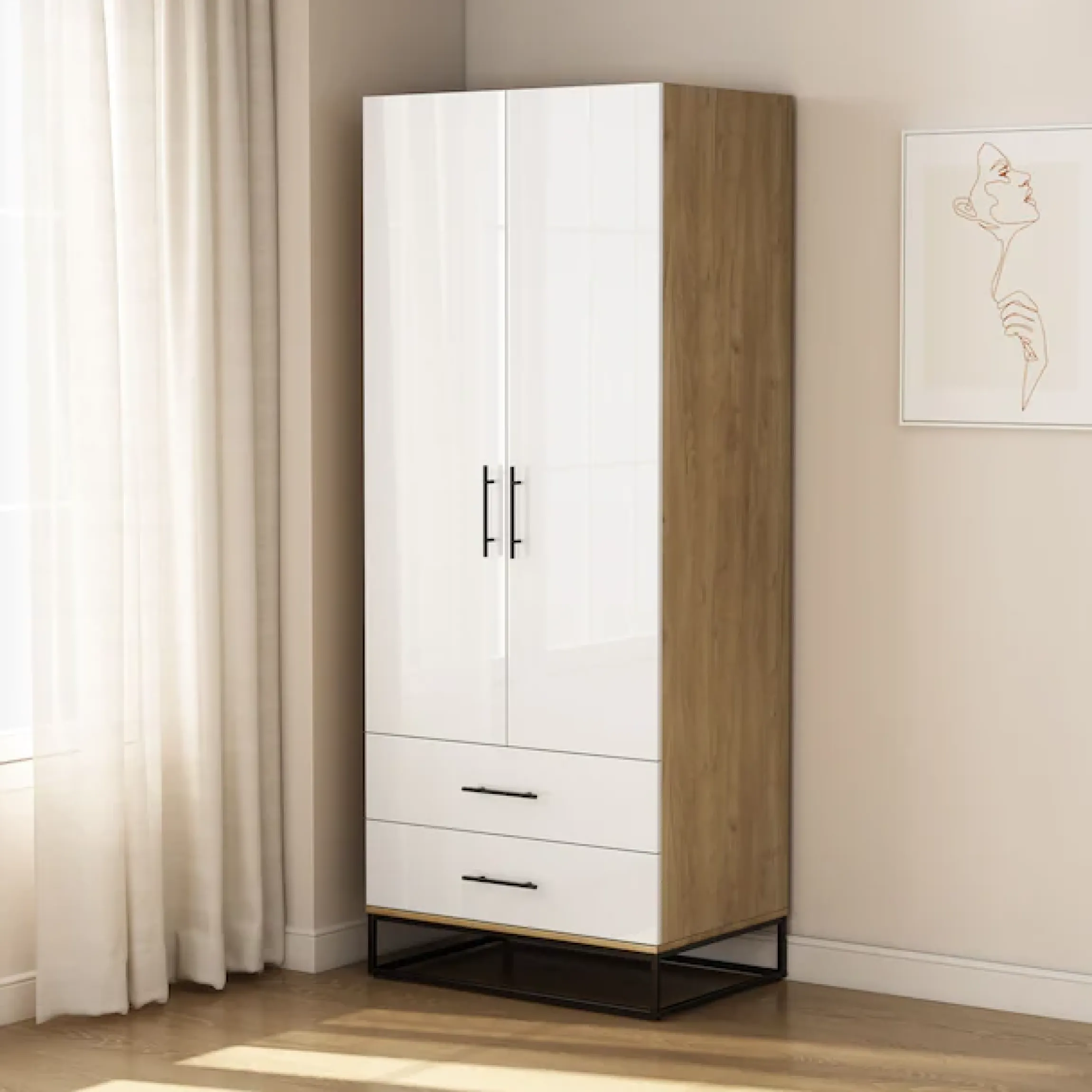 OTTO home Kleiderschrank »Luca Kommode Schrank Schlafzimmer« Hochwertige schwarze Griffe und Kufengestell,Schlafzimmerschrank mit 2 Türen und 2 Schubladen, Breite 80cm