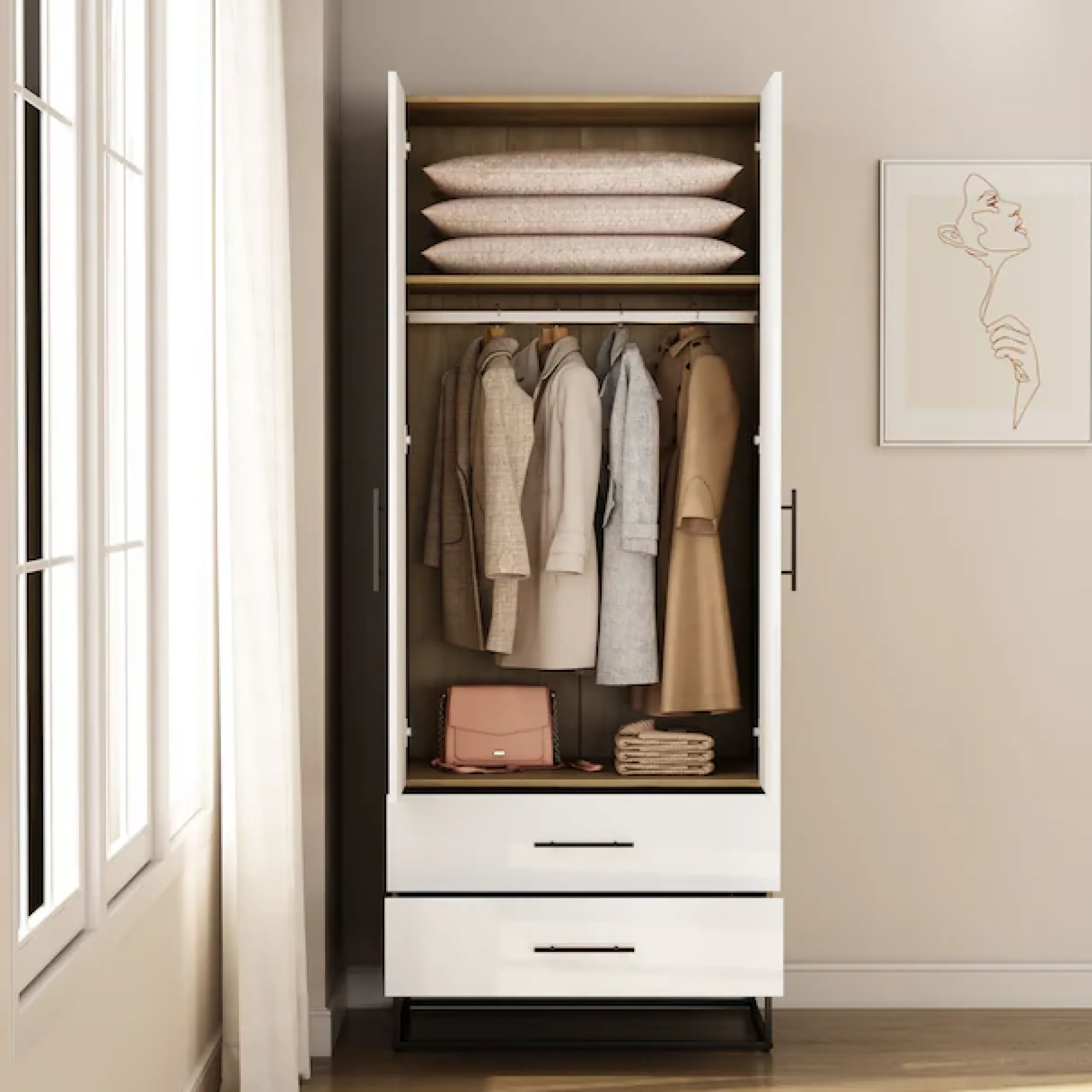OTTO home Kleiderschrank »Luca Kommode Schrank Schlafzimmer« Hochwertige schwarze Griffe und Kufengestell,Schlafzimmerschrank mit 2 Türen und 2 Schubladen, Breite 80cm