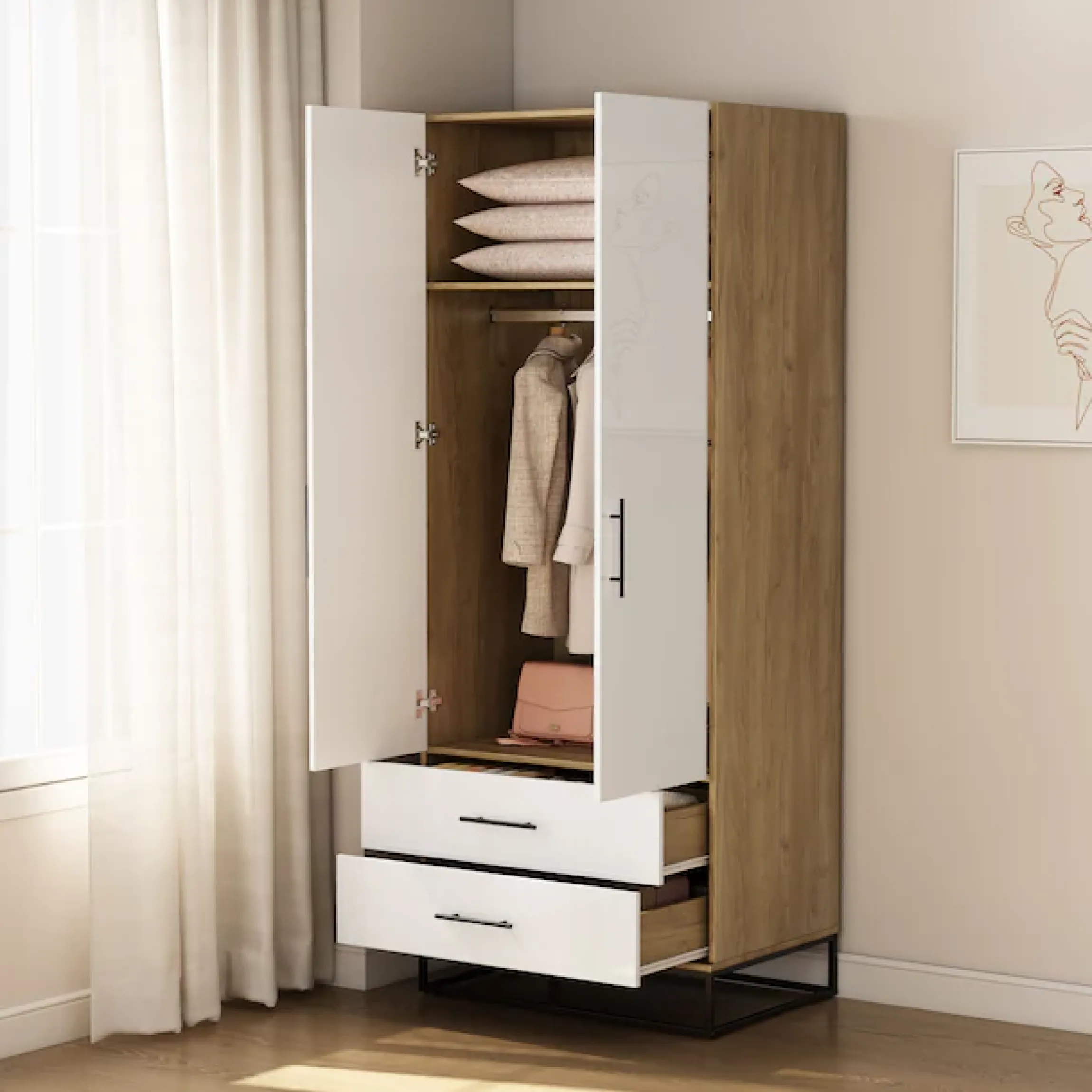 OTTO home Kleiderschrank »Luca Kommode Schrank Schlafzimmer« Hochwertige schwarze Griffe und Kufengestell,Schlafzimmerschrank mit 2 Türen und 2 Schubladen, Breite 80cm
