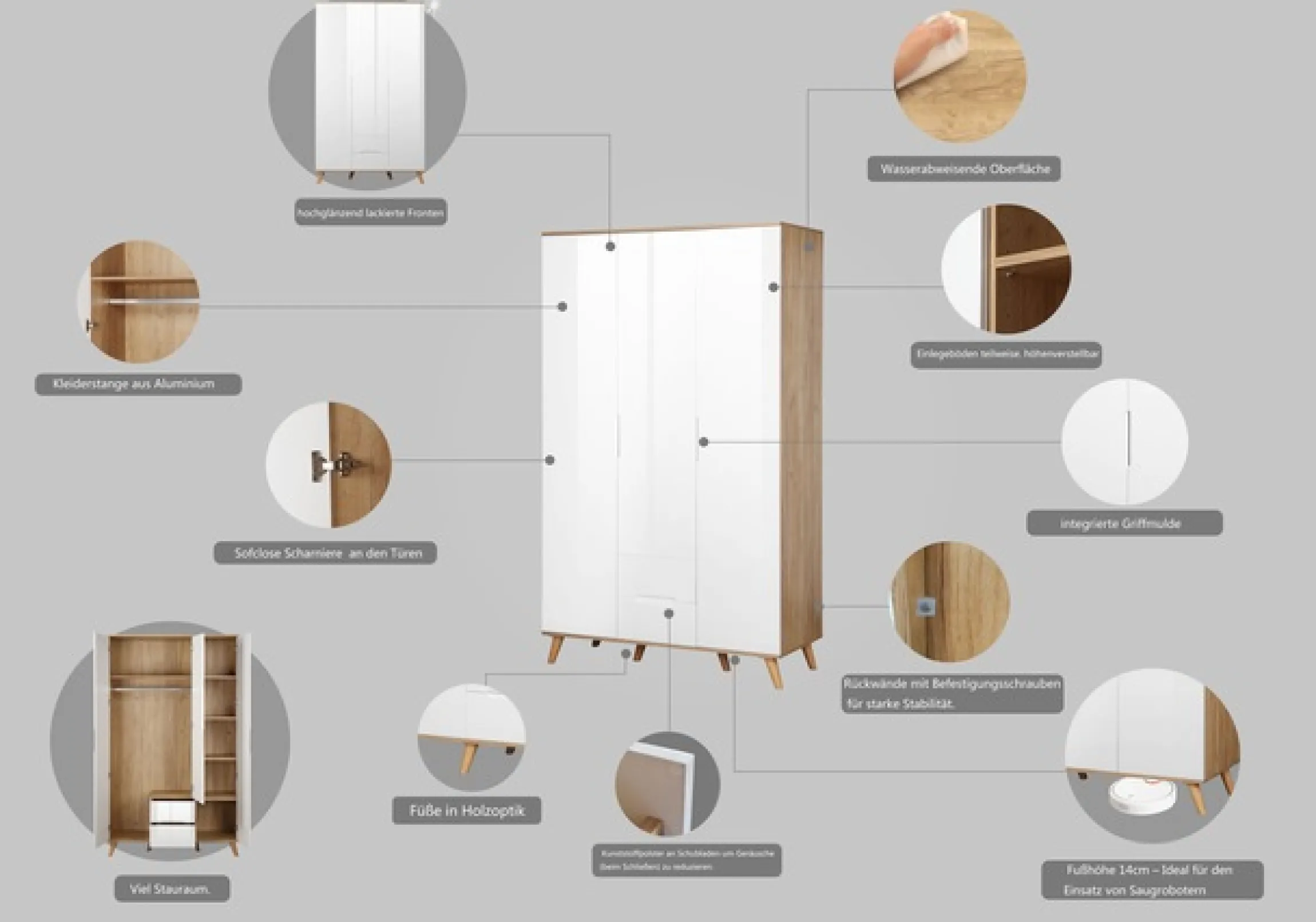 OTTO home Kleiderschrank »Lund Schlafzimmerschrankim skandinavischem Design« Garderobenschrank mit Premium Innenausstattung, Breite 120cm