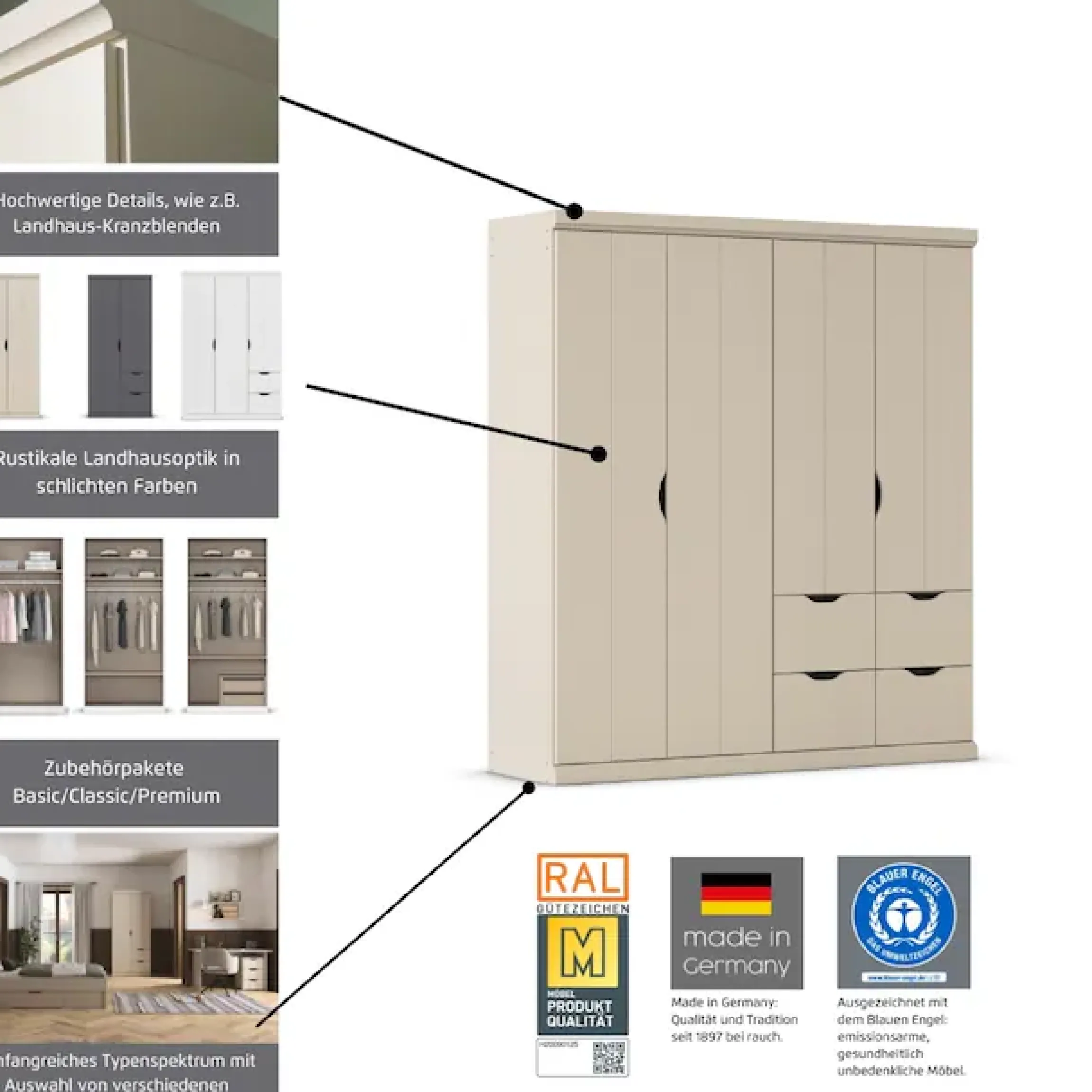OTTO home Kleiderschrank »Mehrzweckschrank Aktenschrank Möbel Mietswohnung Schlafzimmer MARLENE« 3 verschiedene Ausstattungen BASIC/CLASSIC/PREMIUM (inkl. SOFT-CLOSE),in 3 Breiten 91/136/181 cm im Landhaus-Stil MADE IN GERMANY