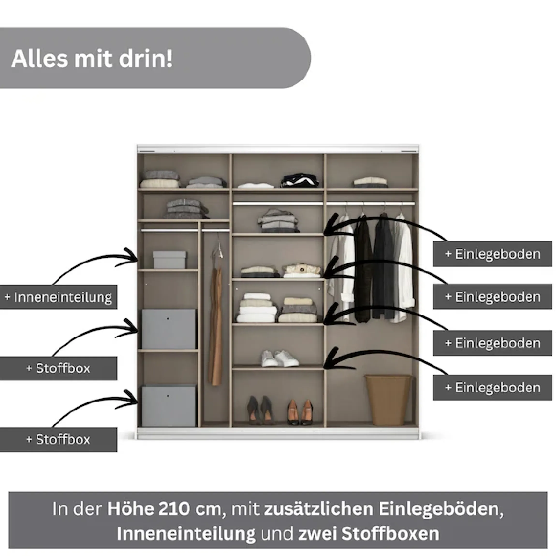 OTTO home Kleiderschrank »Mehrzweckschrank Aktenschrank Möbel Mietswohnung Schlafzimmer CORTONA« Breiten 203/271/315/360 cm, Höhen 210/229 cm,inkl. Inneneinteilung, 2 Stoffboxen extra Einlegeböden MADE IN GERMANY