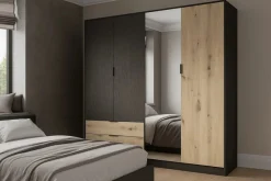 OTTO home Kleiderschrank »PEERY mit Spiegel, 2 Schubladen, 4 Fächer und 2 Kleiderstangen« Garderobe mit 4 Türen und schwarzen Griffen, Maße B/T/H: 220/54/203cm