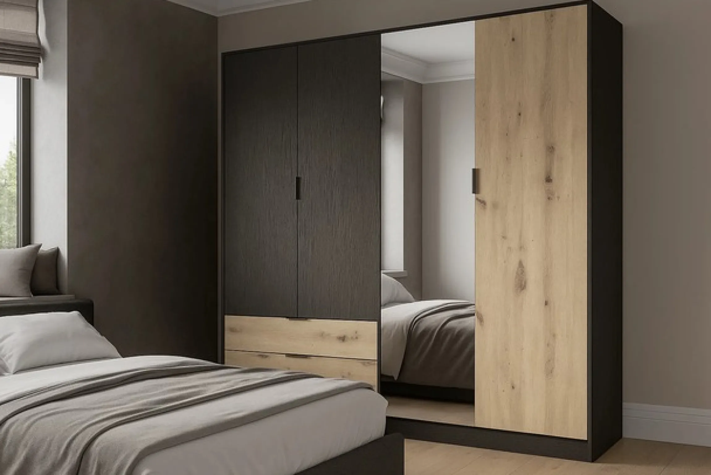 OTTO home Kleiderschrank »PEERY mit Spiegel, 2 Schubladen, 4 Fächer und 2 Kleiderstangen« Garderobe mit 4 Türen und schwarzen Griffen, Maße B/T/H: 220/54/203cm
