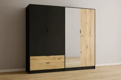 OTTO home Kleiderschrank »PEERY mit Spiegel, 2 Schubladen, 4 Fächer und 2 Kleiderstangen« Garderobe mit 4 Türen und schwarzen Griffen, Maße B/T/H: 220/54/203cm