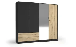 OTTO home Kleiderschrank »PEERY mit Spiegel, 2 Schubladen, 4 Fächer und 2 Kleiderstangen« Garderobe mit 4 Türen und schwarzen Griffen, Maße B/T/H: 220/54/203cm